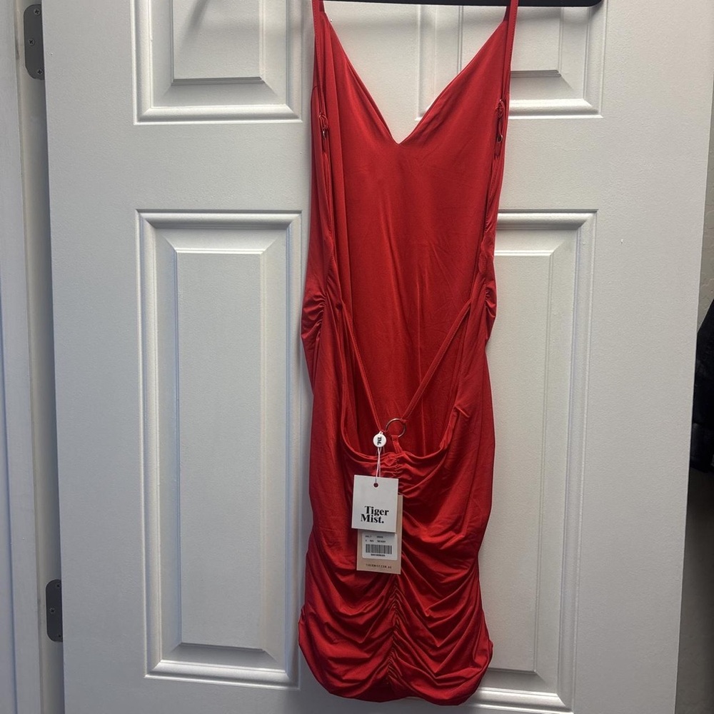 Red Ruched Midi Slip Dress with Spaghetti Straps - Picture 2 of 2
